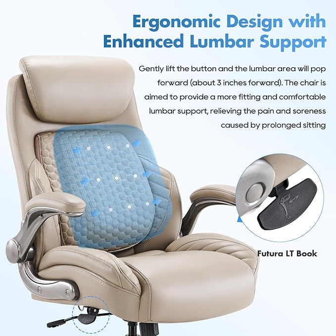 COLAMY Office Ergonomic Desk High Back Executive Chair with Pop-Out Lumbar Support, Upgraded Casters, Adjustable Headrest, Flip-Up Arms, Leather Home with Thick Cushion for Comfort - Khaki