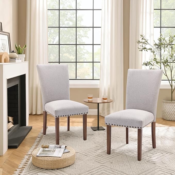 Parsons Dining Chairs Set of 2, Upholstered Nailhead Dining Room Kitchen Side Chair with Thick Cushions and Wood Legs, Light Grey