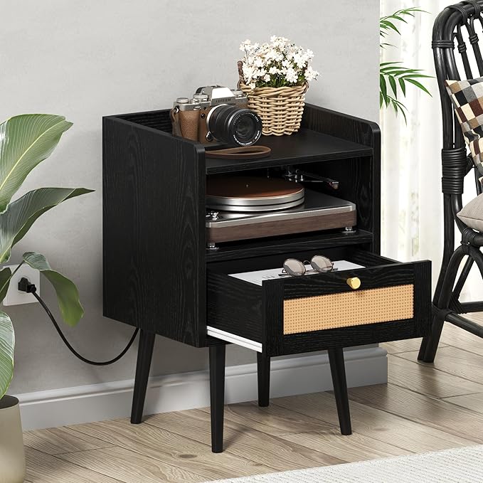 Nightstand Rattan with Charging Station, Mid Century Modern Bed Side Table, Boho End Table with Wood Legs, Bedside Tables for Bedroom Living Room (2, Black, 11.8" D x 15.9" W x 23.4" H (1 Drawers))