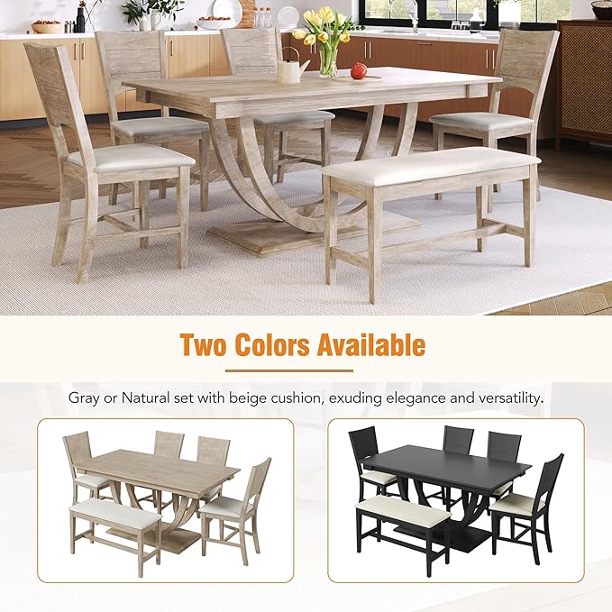 Ball & Cast 6 Piece Dining Table Set with 4 Upholstered Chairs & 1 Bench,Wooden Living Room Furniture for 6 W/ 59.1" Rectangle Kitchen Desk,for Restaurant,Home Bistro,Natural Wood