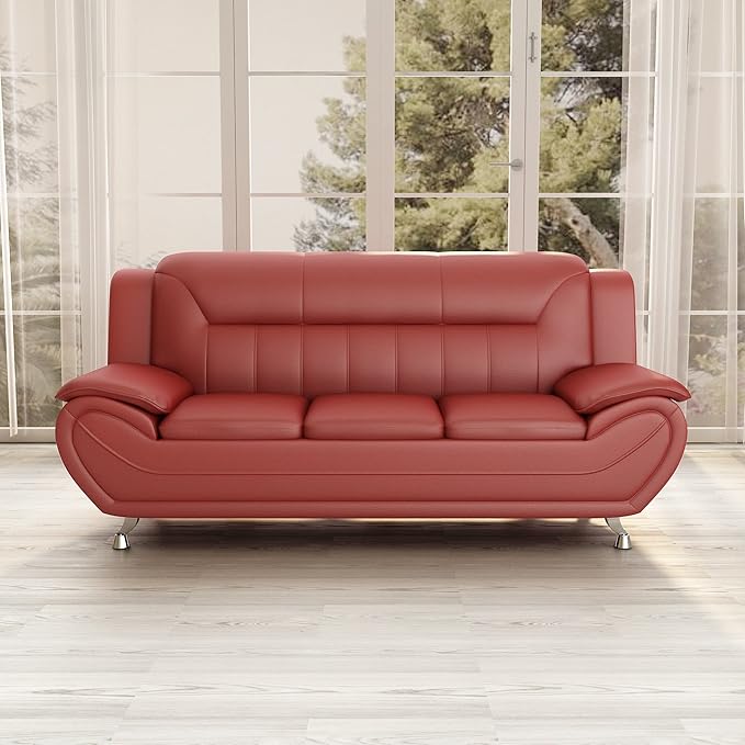 Container Furniture Direct Michael Modern Faux Leather Upholstered Stainless Steel Legs Living Room Sofa, Persian Red