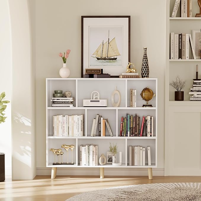 YESHOMY 9 White Cube Bookcase, Open Frame 3-Tier Book Shelf, Bookshelf Storage Organizer with Feet & Anti-Tilt Device for Organization, Room Decor