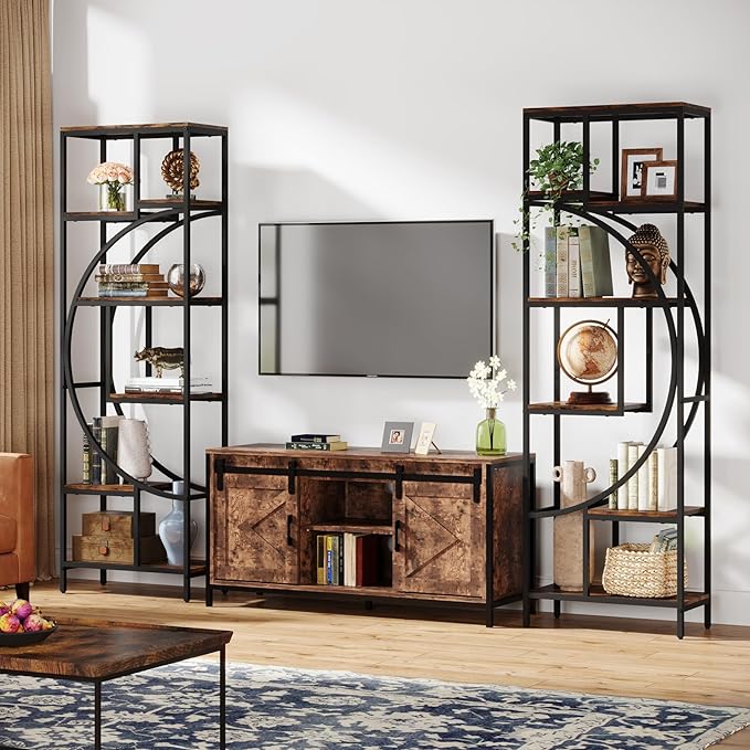 Geometric Bookshelf, 70.9" Tall Bookcase with 7-Shelf Open Shelves, Wood Metal Book Shelf Display Rack Storage Shelving Unit for Office, Bedroom, Living Room, Easy Assembly, Rustic Brown