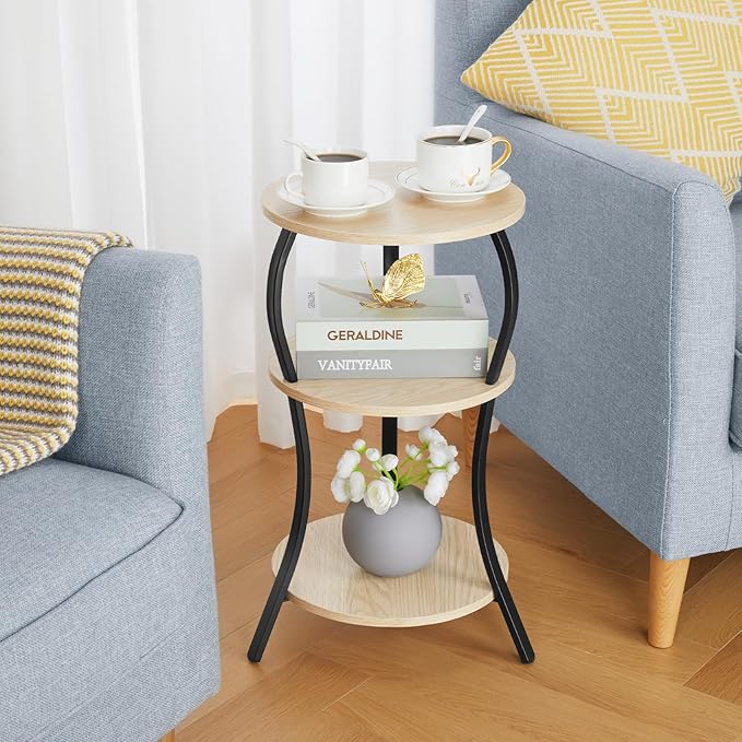 Vintage Small Round Side Table, 3-Tier Slim Waist Circular End Table with Storage Shelf, Compact Tea Sofa Side Table, Round Corner Coffee Table Nightstand for Living Room Bedroom Small Spaces,Oak