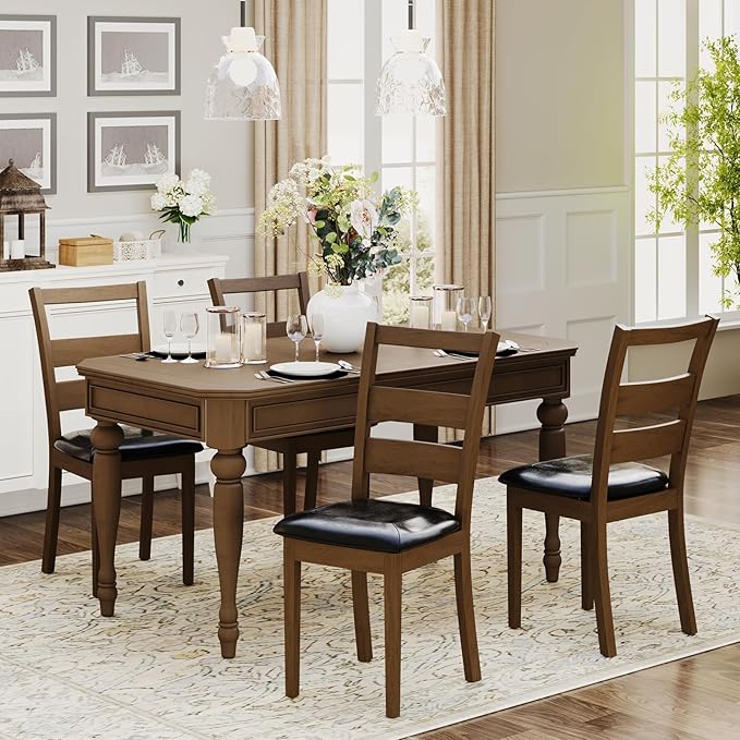 COLAMY Upholstered Dining Chairs Set of 6, PU Leather Ladder High Back Dining Room Kitchen Side Chair with Adjustable Foot Pegs, Dark Brown