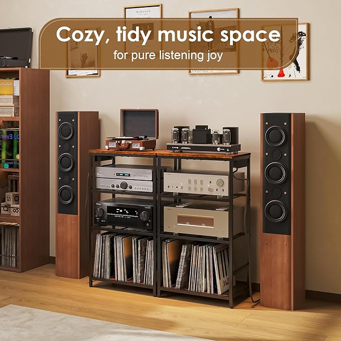 Record Player Stand with Storage, 4 Tier Turntable Stand with Vinyl Record Storage, Stereo Cabinet with Record Holder, Media Stand with Outlets for Entertainment Center