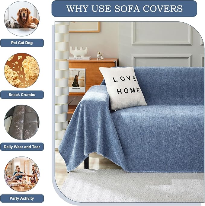 STACYPIK Durable Simple Blue Sofa Cover for Pets Kids Textured Herringbone Chenille Couch Covers for 3 Cushion Couch L Shape Couch Cover Versatile Protector Cover Multi-Use Blanket Washable-91X134IN