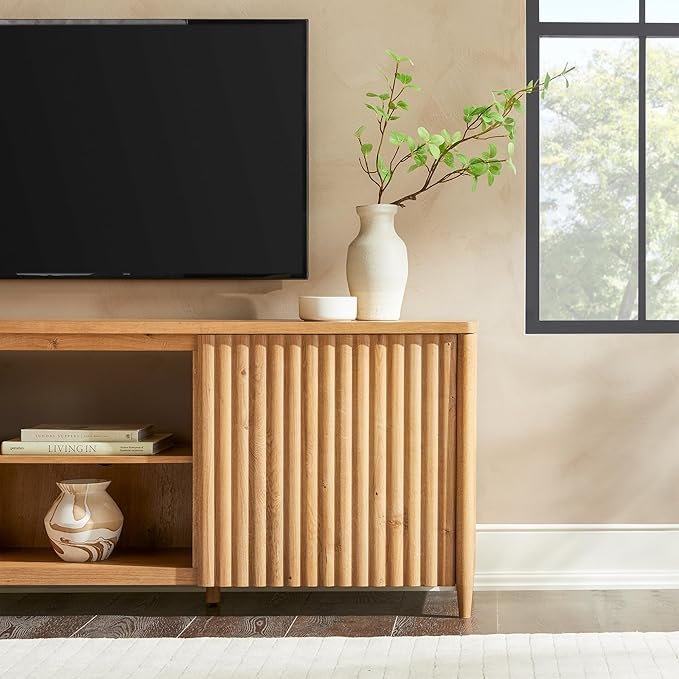 Walker Edison Flynn Scandinavian Reeded TV Stand with Open Storage for up to 80" TV, English Oak