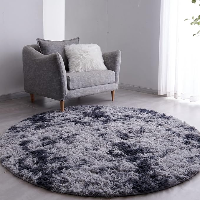 FJZFING Tie-Dyed Dark Grey Round Rug Ultra-Soft Plush Modern 6x6 Circle Area Rug for Kid's Bedroom, Fluffy Shag Circular Rug for Nursery Room, Non-Slip Tie-Dyed Dark Grey Rug for Teen's Room