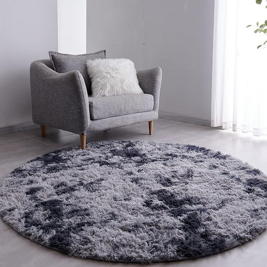 FJZFING Tie-Dyed Dark Grey Round Rug Ultra-Soft Plush Modern 6x6 Circle Area Rug for Kid's Bedroom, Fluffy Shag Circular Rug for Nursery Room, Non-Slip Tie-Dyed Dark Grey Rug for Teen's Room