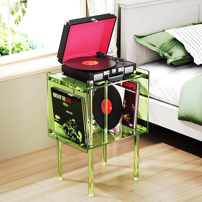 Acrylic Record Player Stand, with Vinyl Storage, Clear Acrylic Side Table, Pink (Green)
