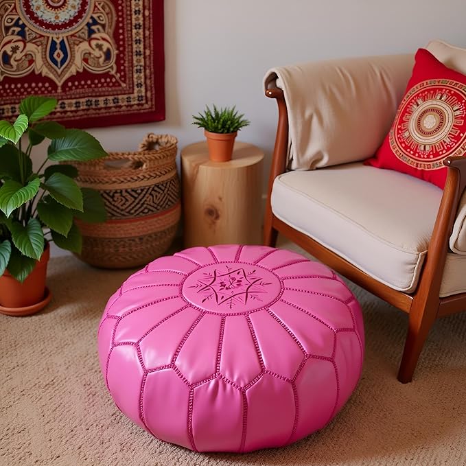 Stuffed Round Design Moroccan Leather Pouf Ottoman, Handmade, Pre-Filled, 100% Genuine Leather, 13” Height x 20” Diameter, Footstool & Living Room Décor (Fuchsia)