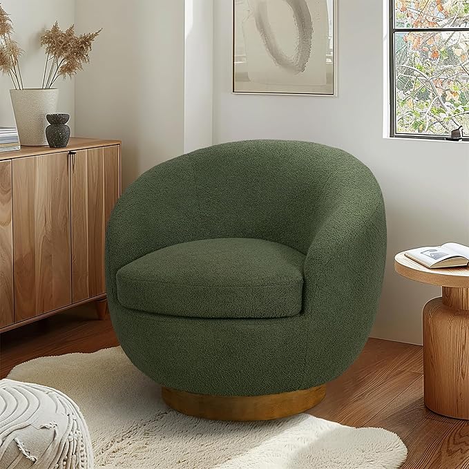 INK+IVY Jessel Swivel Accent Chair – Barrel Back Design, Sherpa Upholstery, 360-Degree Wood Base, Modern Lounge Seating for Living Room or Bedroom, 32" W, Green