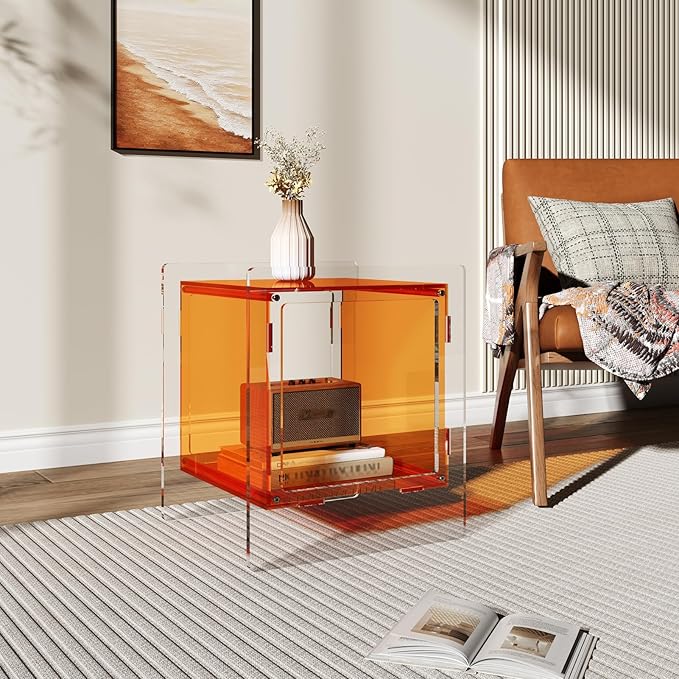 Acrylic End Table, Side Table Nightstand with Open Storage Shelf, 2-Tier Bedside Table Home Decor Display for Bedroom, Living Room, Office (1, Orange)