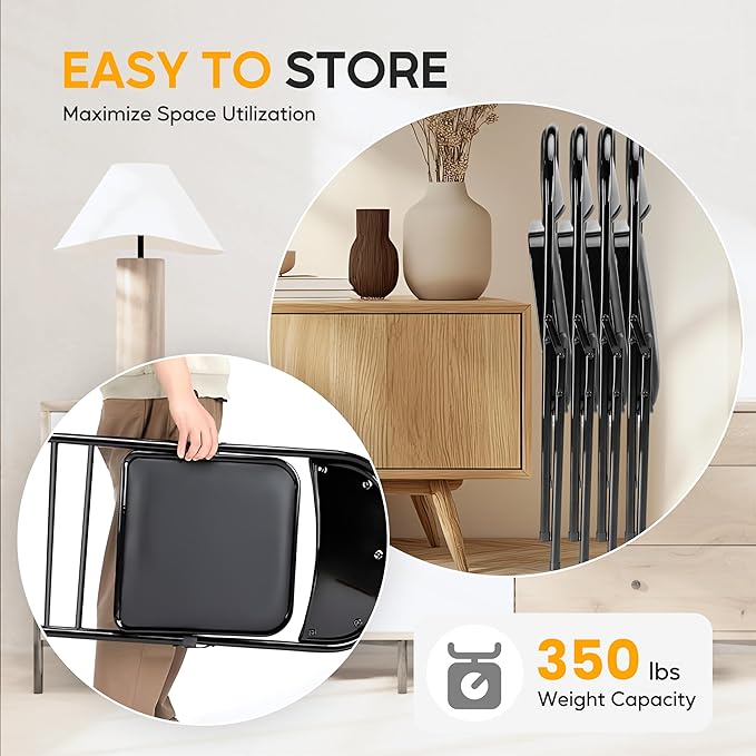 HealSmart 4 Pcs Folding Chairs with Leather Padded Cushion Seats, Back & Sturdy Metal Frame, Stackable, Portable, Commercial Event Seat, Indoor Outdoor for Parties, Home Event, Office, Black