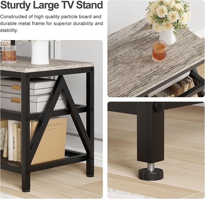 TV Stand for TVs up to 70 Inch, 63" Long Industrial TV Console Table with 3-Tier Storage Shelves, Entertainment Center for Living Room, Bedroom (Gray)