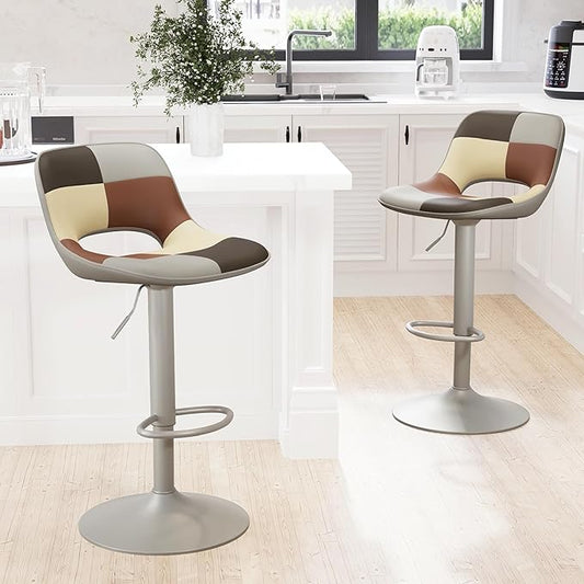 YOUNIKE Bar Stools Set of 2, Boho Colorful Patchwork Faux Leather Barstools, Adjustable Swivel Counter Height Bar Stool Upholstered Counter Stools with Hollow Back for Kitchen Island, GreyBeige