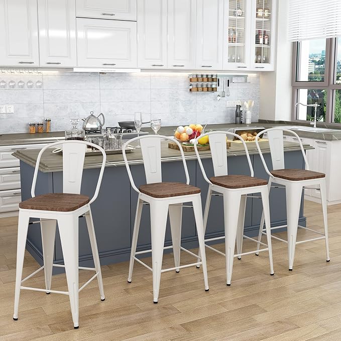 Yongqiang 30 inch Bar Stools Set of 4 Farmhouse Bar Height Stools High Back Kitchen Bar Chairs Cream White Metal Barstools with Large Wooden Seat