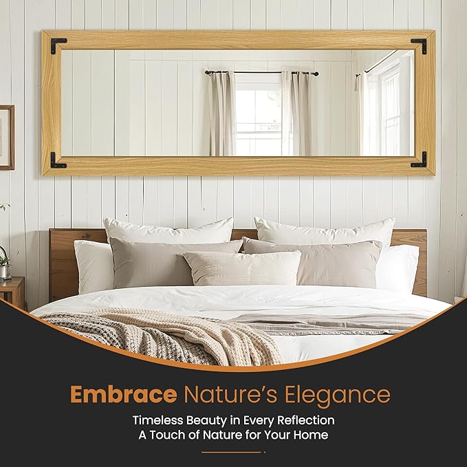 Full Length Mirror with Wooden Frame, 65"X24" Solid Wood Standing Floor Mirror for Farmhouse, Bathroom, Bedroom, Hanging or Leaning Wall-Mounted(Natural)