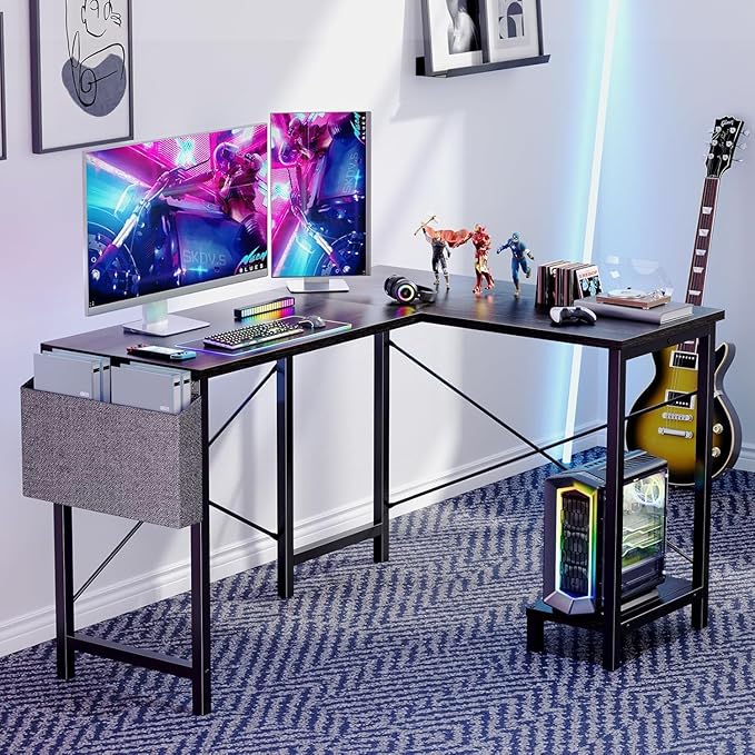 Whitmor L Shaped Gaming Desk - 50 Inch Reversible Corner Computer Desk with Wood Top, Metal Frame, CPU Stand & Side Bag, Home Office Dorm Sturdy Writing Workstation, Grey