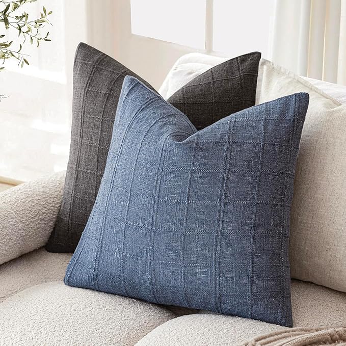 Foindtower Set of 2 Decorative Linen Check Throw Pillow Covers Neutral Farmhouse Vintage Cushion Covers Modern Coastal Boho Home Decor for Sofa Chair Couch Bedroom Living Room Outdoor,26×26 Inch,Blue