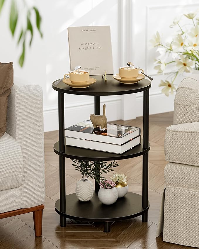 Small Round Side Table - 3-Tier Oval Accent Table for Small Spaces, Rustic Wood and Metal Couch End Table, Nightstand for Bedroom or End Table Living Room, Set of 2, Charcoal Wenge