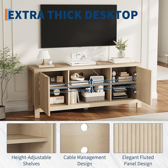 GarveeHome 59" TV Stand for TVs Up to 65 Inches, Mid Century Modern TV Entertainment Center with Storage Cabinets & Open Shelves, Wood TV Cabinet for Living Room, Oak