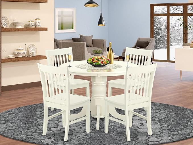 East West Furniture SHNO5-LWH-W 5 Piece Kitchen Table & Chairs Set Includes a Round Dining Room Table with Pedestal and 4 Solid Wood Seat Chairs, 42x42 Inch, Linen White