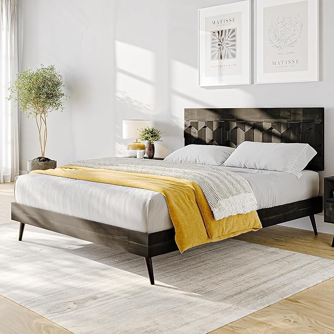 Bme Georgina Signature Bed Frame with Handcrafted Geometric Headboard, Mid Century Modern, Solid Acacia Wood, No Box Spring Needed, 12 Strong Wood Slats Support, Easy Assembly, Walnut, Queen
