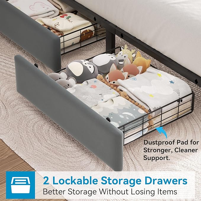 Twin Upholstered LED Bed Frame with 2 Storage Drawers and 2-Tier Storage Bookcase Headboard, Velvet Platform Bed for Kids/Girls/Boys, Corner Bed Frame, Heavy Duty Metal Support, Grey
