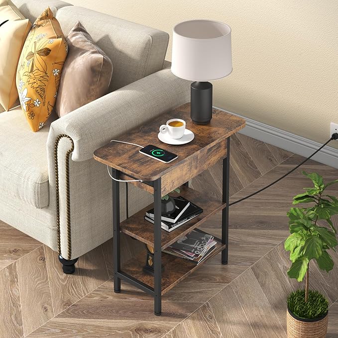 LIDYUK Set of 2 Brown End Tables with Charging Station, Narrow Side Tables for Small Spaces, Nightstands, Living Room, Brown