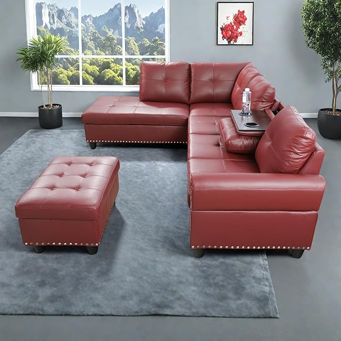 L-Shaped Sectional Sofa with Ottoman, Leather Modern Nail-Head Design with Cup Holder & Chaise for Living Room, Bedroom, Office, Red