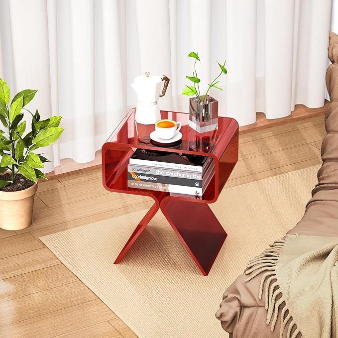 Acrylic Nightstand Side Table Modern Design Clear Home Decor Display End Table for Living Room (Red)