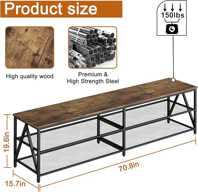 TV Stand for TVs up to 75 Inch, 70" Long Industrial TV Console Table with 3-Tier Storage Shelves, Entertainment Center for Living Room, Bedroom (Rustic Brown)