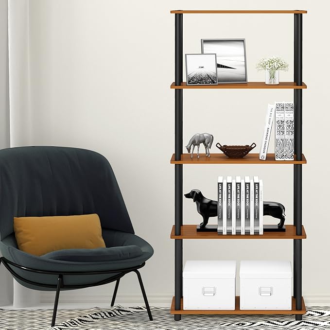 Furinno Turn-N-Tube 5-Tier Multipurpose Shelf / Display Rack / Storage Shelf / Bookshelf, Round Tubes, Light Cherry/Black