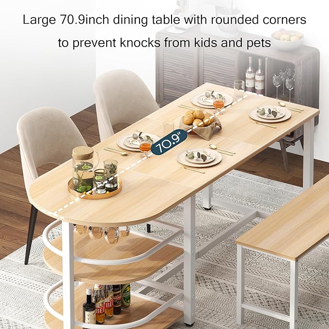 soges Dining Table for 4-6 Person, 71 inch Long Kitchen Dining Table for Living Room and Dining Room, Dinner Table with Storage Shelf & Cup Holder, Metal Legs(Only Table), Millennium Oak
