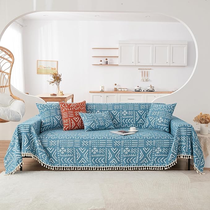 HANDONTIME Turquoise Couch Protector for Dogs Boho Tassel Blue Couch Cover Farmhouse Sofa Covers Aztec Tribal Couch Covers for 3 Cushion Couch Sofa Universal Sofa Slipcover for Home décor, 71" X150"