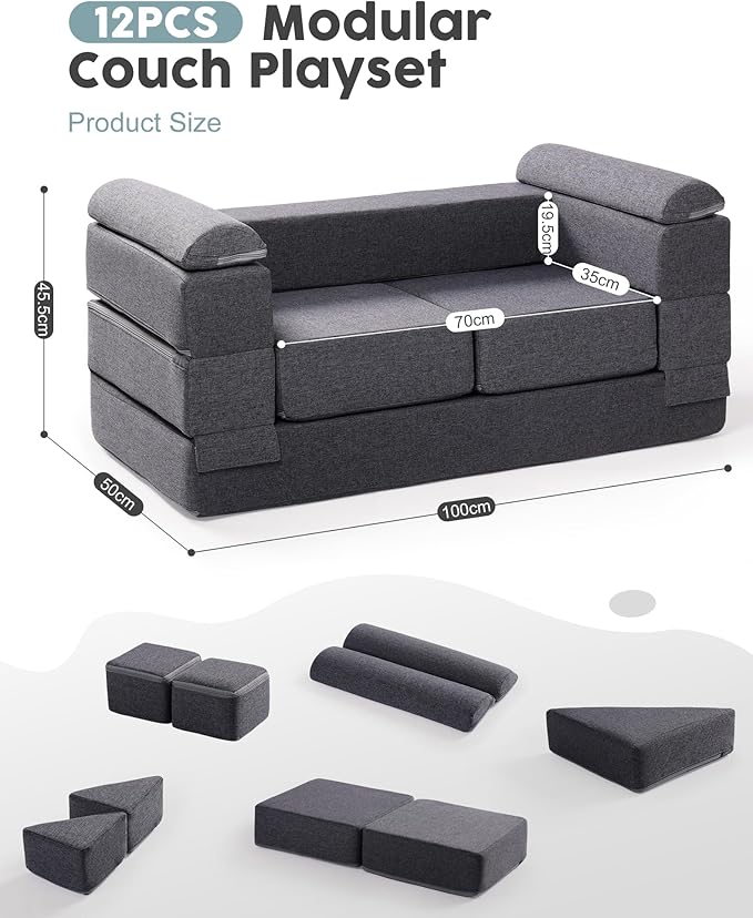 ROBUD Kids Couch, Gray Modular Kids Play Couch, DIY-Style & Washable Toddler Sofa for Playroom, Bedroom, Nursery, WG412