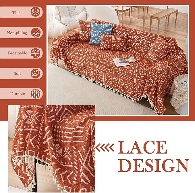HANDONTIME Boho Aztec Sofa Slipcovers for Sofa/Couch Farmhouse Geometric Couch Protector for Dogs with Tassel Brick Orange Dog Couch Cover Sectional Sofa Cover Bohemian Decor for Sofa, 71" X118"