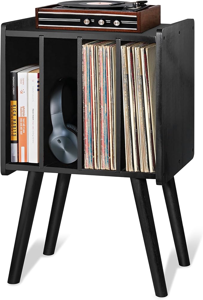 Wooden LP Record Player Stand with 4 Cabinets, Holds up to 100 Vinyls, Metal Record Storage Holder and Organizer Table, Classical Design for Files/Book (Mid-Century Modern)