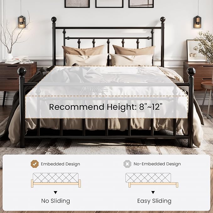 SHA CERLIN 14'' Full Size Metal Platform Bed Frame/Victorian Headboard and Footboard/Steel Slats Mattress Foundation for Storage/No Box Spring Needed/Noise Free/Black