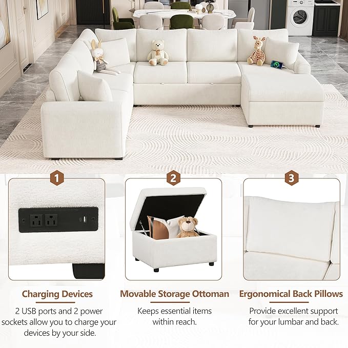 112" Luxurious Pull-out Sofa Bed Sleeper with Storage Ottoman,Sectional Sleeper Couch W/ 3 Pillows,2 USB ports & 2 Power Sockets,Corner Furniture Set for Living Room Large Space,Cream Chenille