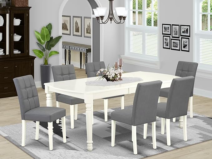 East West Furniture DOAS7-LWH-41 7 Piece Modern Dining Table Set Includes A Wood Table and 6 Platinum Gray Polyester Fabric Padded Chairs with Stylish Back- Linen White Finish