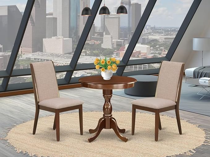 East West Furniture ESLA3-MAH-04 3 Piece Kitchen Table & Chairs Set Contains a Round Dining Room Table with Pedestal and 2 Light Tan Linen Fabric Parsons Chairs, 30x30 Inch, Mahogany