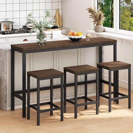 KEIKI 60.24” Long Bar High Top Dining Table and 3 Stools Chairs Set, Wood Behind Couch Sofa Counter Height Pub Furniture for Breakfast, Kitchen Living Party Room, Dark Brown