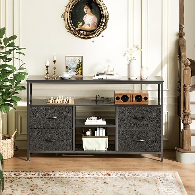 Huuger 47 Inch TV Stand Dresser with Power Outlets and LED Lights, 4 Drawers Entertainment Center with Open Shelf, Media Console for 55 50 Inch TV, Dresser with PU Finish, Black