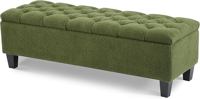 Christopher Knight Home Ottilie Boucle Fabric Storage Ottoman Bench, Wooden Rectangular Ottoman with Storage, Bedroom End of Bed Foot Stool, Entryway Ottoman Footrest, Living Room Extra Seat, Green