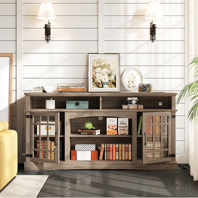 IRONCK Farmhouse TV Stand for 65 Inch TV, 32“Tall Entertainment Center with Power Outlets, Rustic TV Cabinet with Glass Door Media Console, TV Console for Living Room, Light Rustic Oak