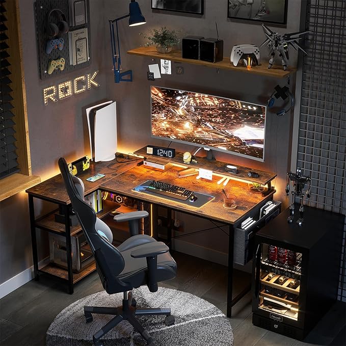 ODK 48 Inch Gaming Desk with USB Charging Ports and LED Lights, Reversible L Shaped Computer Desk with Storage Shelves & Monitor Stand, Corner Home Office Desk Table with Power Outlets, Vintage