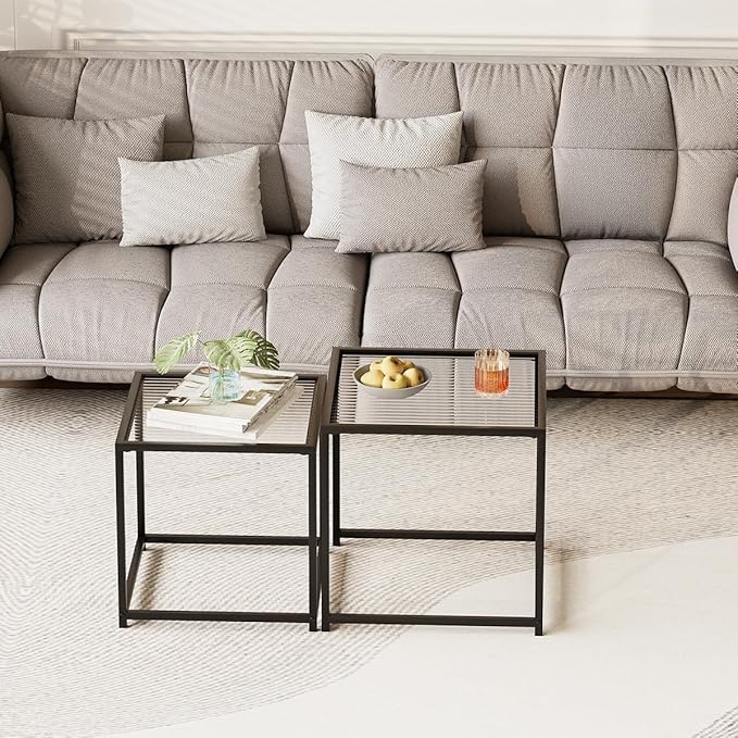 Garden 4 you Coffee Table Set of 2, Modern Patterned Glass Nesting Table, Metal Frame Square Center Table Set, Side Tables, Nesting Coffee Table for Living Room, Bedroom and Small Spaces, 19.7in Black
